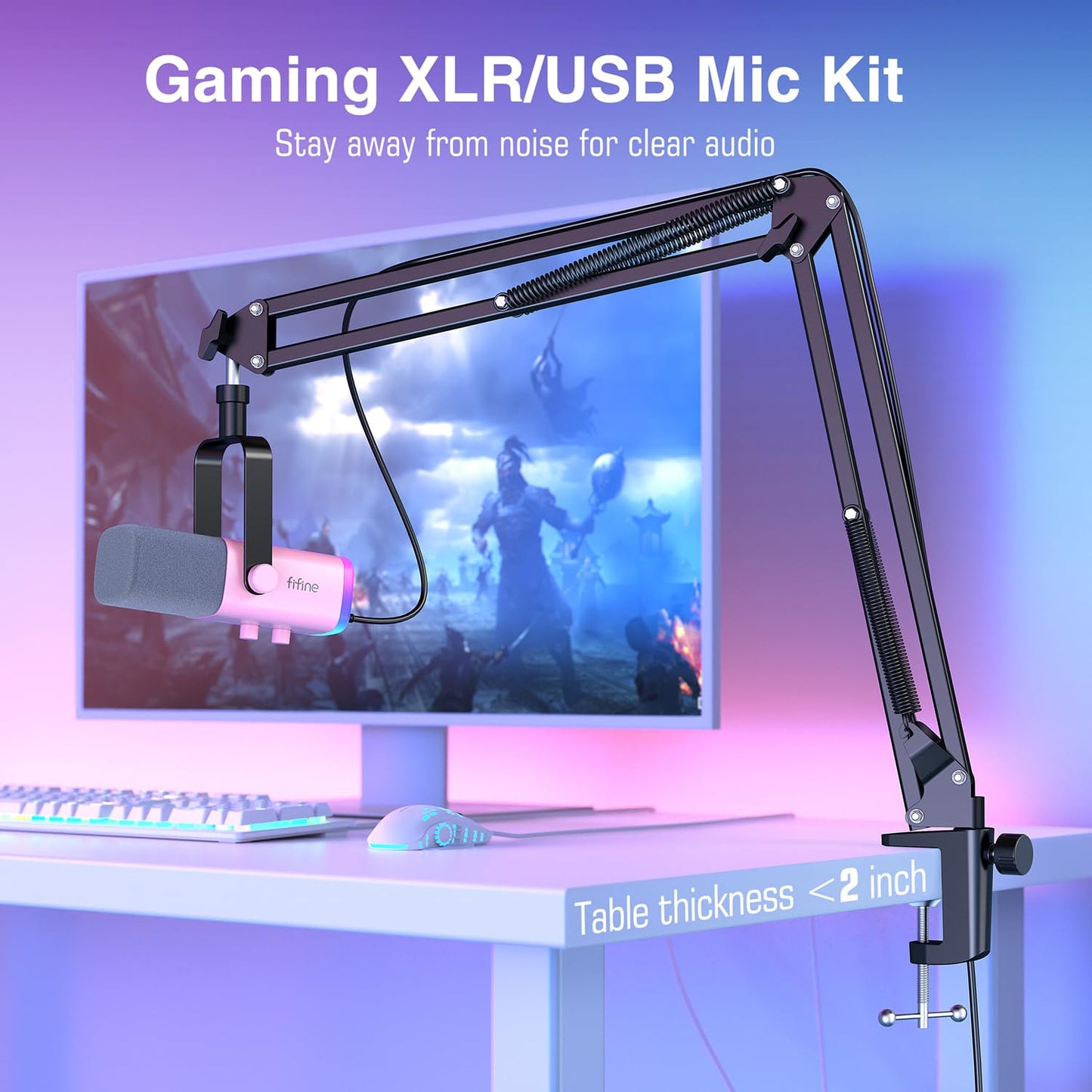 FIFINE XLR/USB Gaming Microphone Set, Dynamic PC Mic for Streaming Podcasting, Computer RGB Mic Kit with Boom Arm Stand, Mute Button, Headphones Jack, for Recording Vocal Voice-Over-AmpliGame AM8T