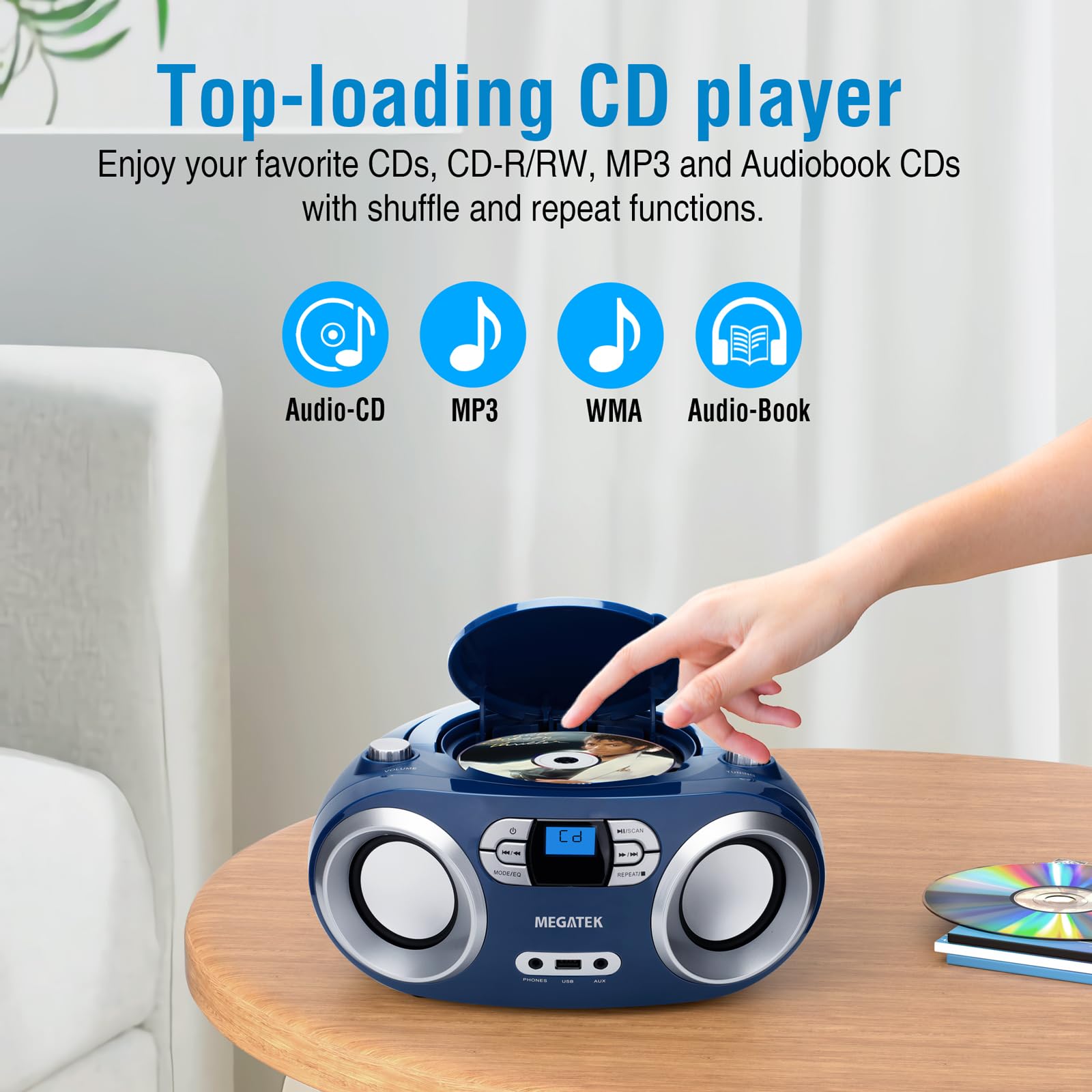 MEGATEK Portable CD Boombox with FM Stereo Radio, Bluetooth, USB Port, and Backlit LCD Display | CD-R/CD-RW/MP3-CD Compatible | AUX Input | Headphone Jack | Programmable CD Player - Black