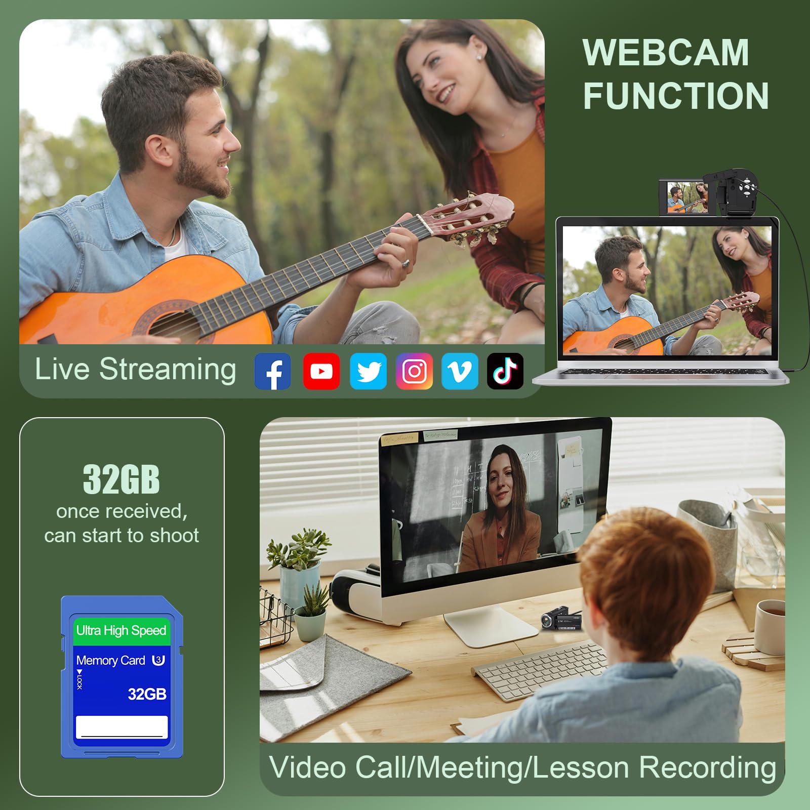 2.7K Video Camera Camcorder QHD 50MP YouTube Vlogging Camera 16X Digital Zoom Webcam 270 Degree Rotation Screen Camcorders with 32G SD Card and 2 Batteries Recording While Charging