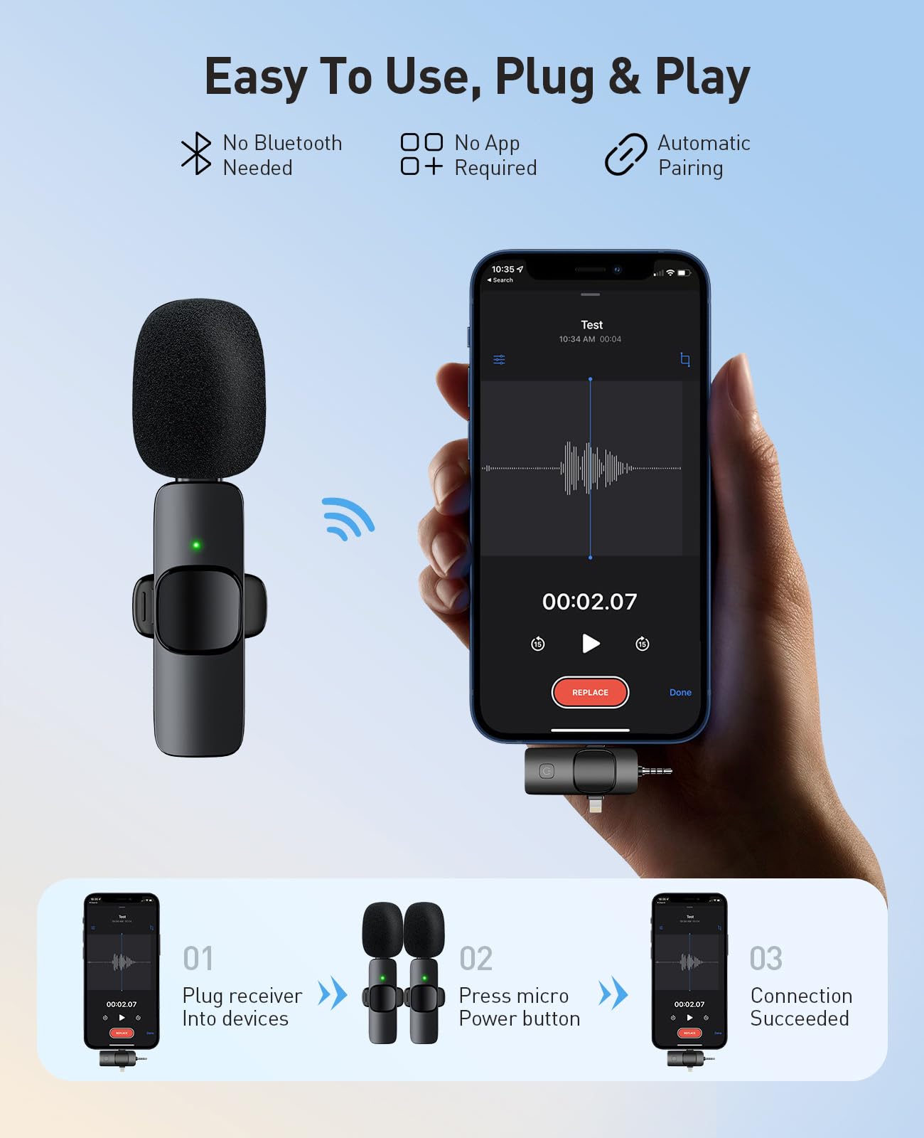 Mini Microphone, 3 in 1 Wireless Lavalier Microphones for iPhone, iPad, Camera and Android Devices, Noise Reduction Lapel Mic, Clip on Mic for Video Recording Vlog, YouTube, Interview