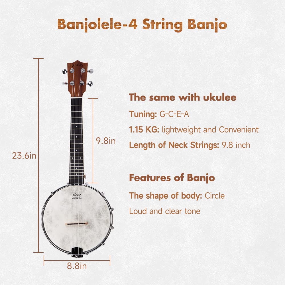 Mulucky 4-String Banjo Ukulele | 23" Sapele Wood with Remo Head &amp; Nylon Strings | Dark Brown Travel Kit (Bag, Tuner, Picks) - MBU-808