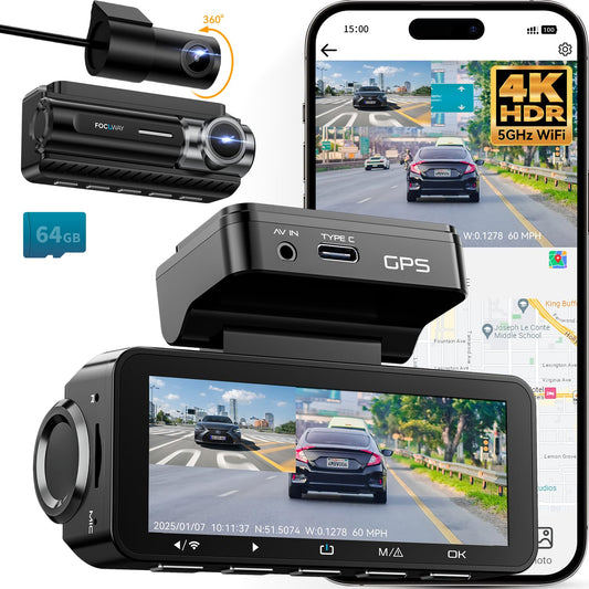 Dash Cam Front Rear 4K Built-in 5G WiFi GPS, Voice Control, 3.39 inch IPS Screen, Dual Dash Camera for Car Includes 64GB SD Card, Super Night Vision, 24H Parking Monitor, Supercapacitor, Type C, HDR