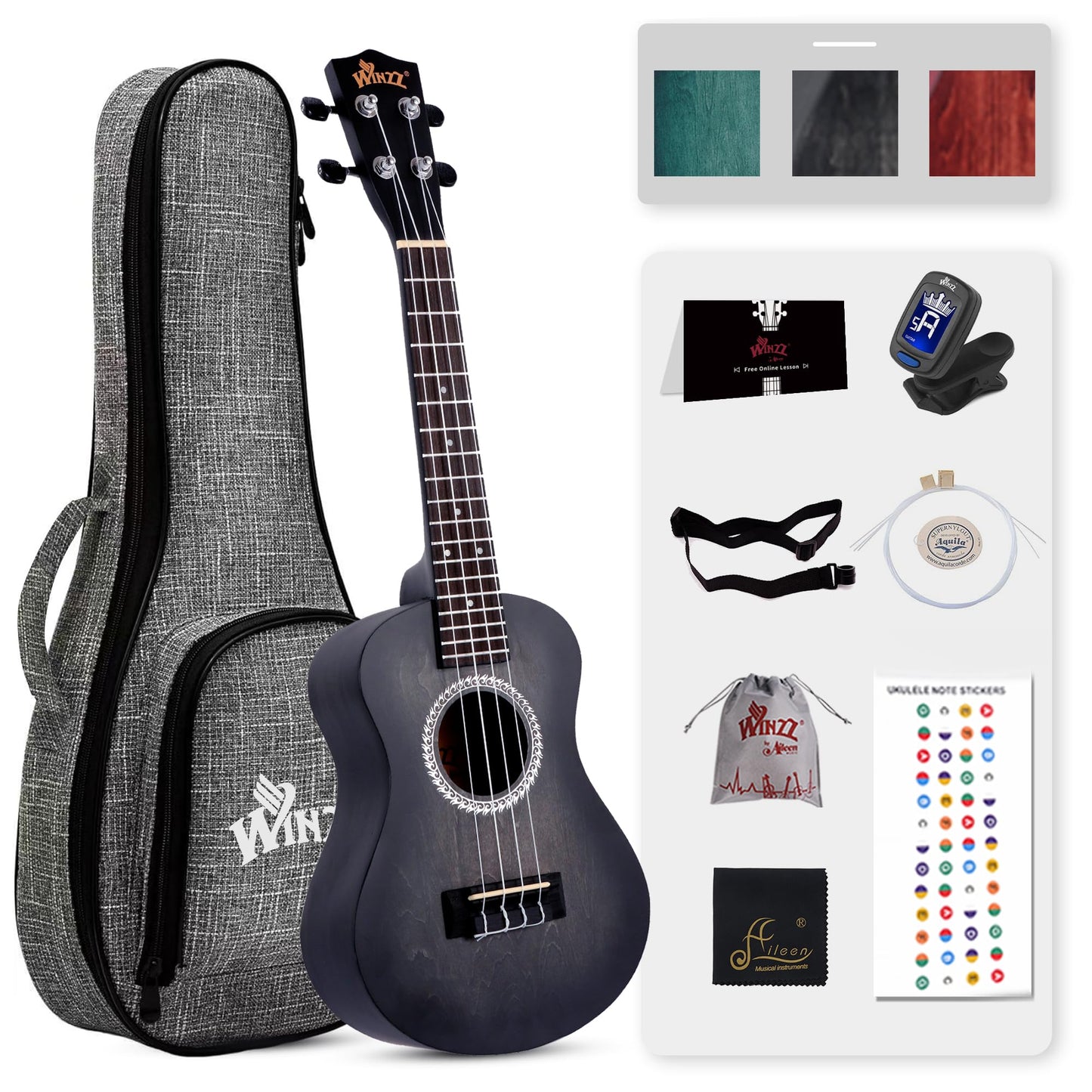 WINZZ HAND RUBBED Series - 21 Inches Soprano Ukulele Vintage Hawaiian Uke with Online Lessons, Bag, Tuner, Strap, Extra Strings, Fingerboard Sticker, Black