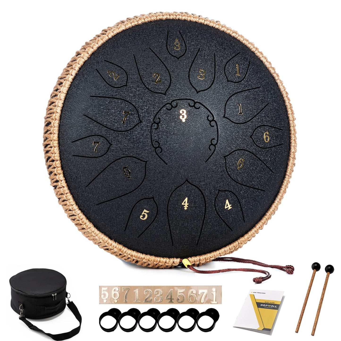 Steel Tongue Drum - 15 Note 12 Inch Tongue Drums - Percussion Instruments - Hand Pan Drum with Music Book, Drum Mallets and Carry Bag, D Major, Black