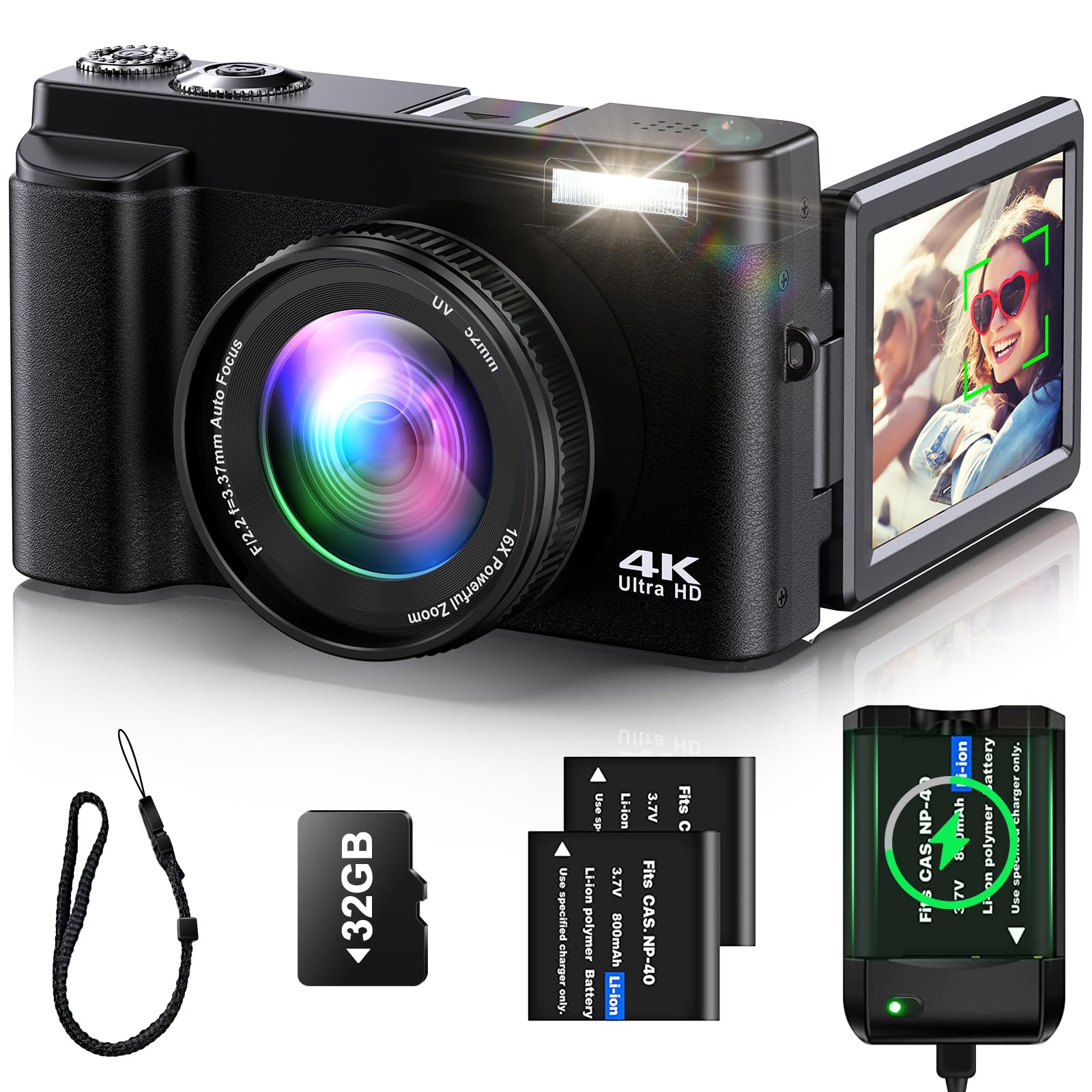 4K Digital Camera for Photography Auto-Focus Vlogging Camera for YouTube Video with 3'' 180° Flip Screen 16X Anti-Shake 4K Camera Compact Cameras with SD Card, Flash, 2 Batteries &amp; Battery Charger