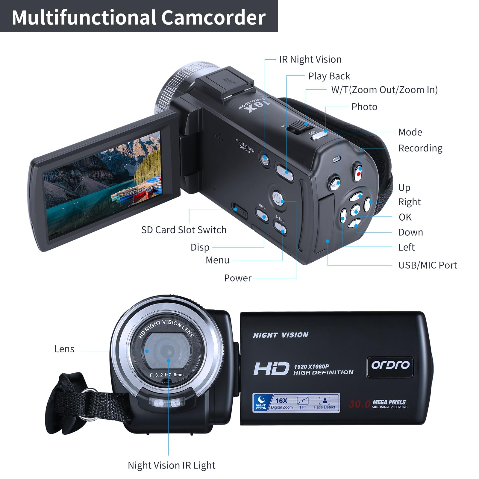 ORDRO Camcorders HDV-V12 HD 1080P Video Camera Recorder Infrared Night Vision Camera Camcorders with 16G Memory Card and 2 Batteries