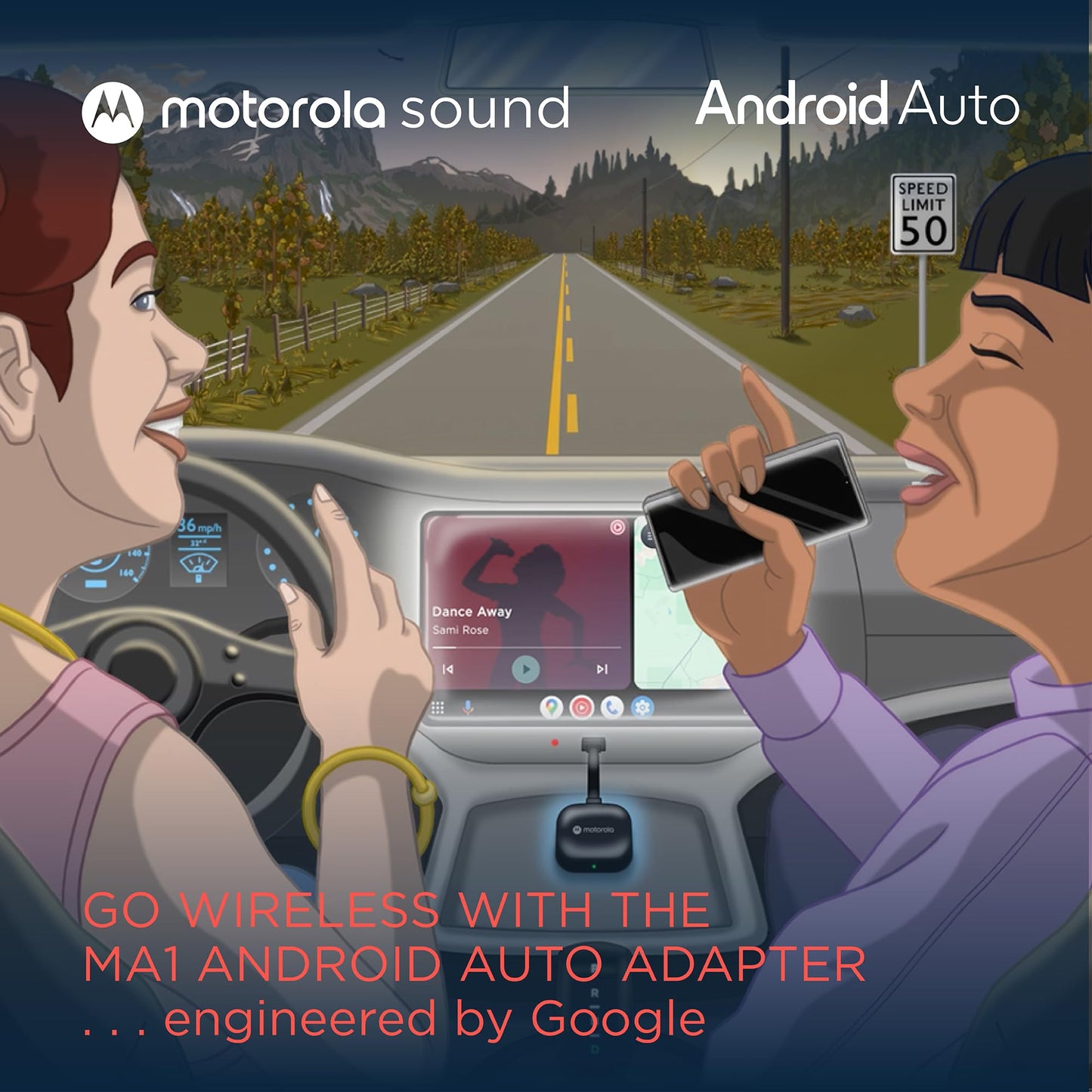 Motorola MA1 Wireless Android Auto Car Adapter - Instant Connection Using Google-Licensed Bridge Technology from Smartphone to Screen - USB Type-A Plug-in - Secure Gel Pad