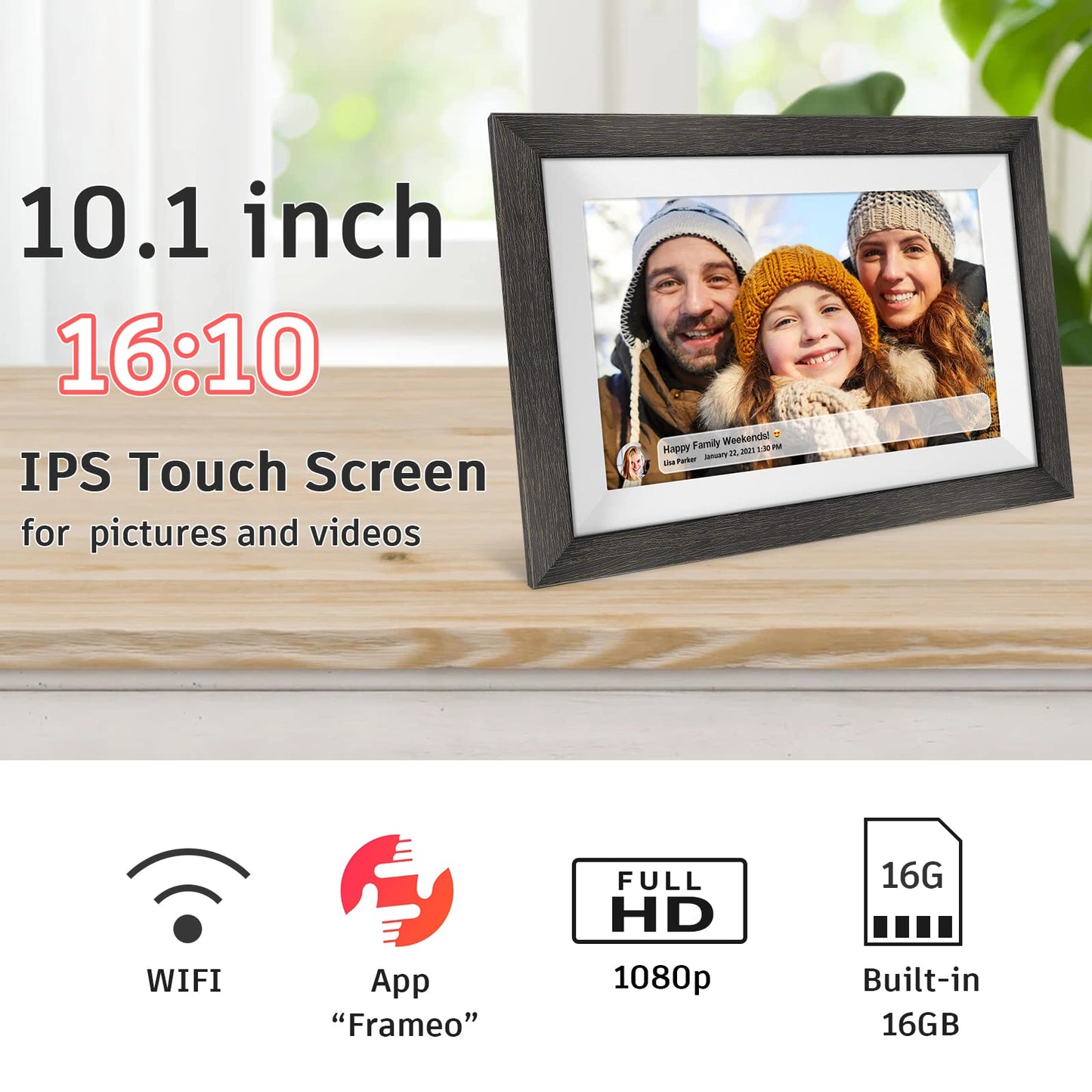 Frameo 10.1 inch Digital Picture Frame WiFi Smart Digital Photo Frame Wood IPS HD 1280 * 800 1080P Touch Screen Auto-Rotate Easy Setup to use Free Share Photos and Videos Gift for mon Father Women