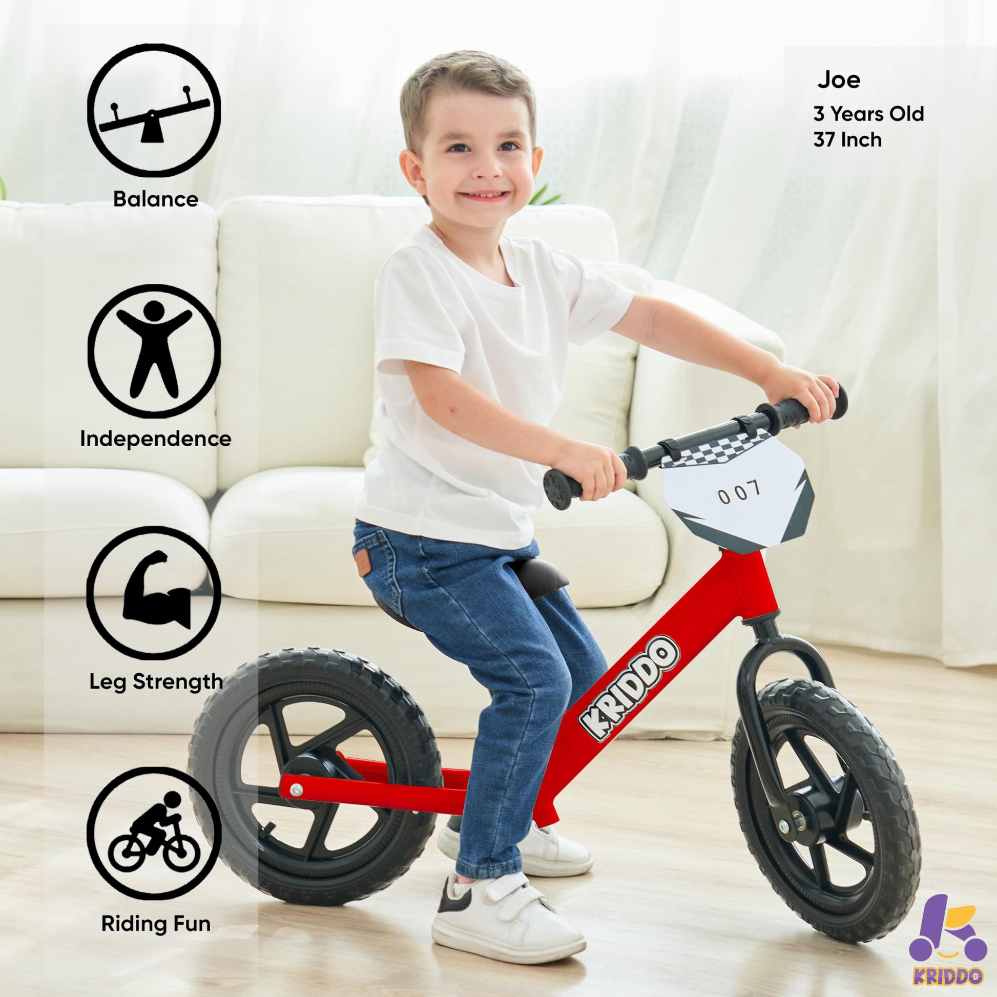 KRIDDO Toddler Balance Bike 2 Year Old, Age 24 Months to 5 Years Old, 12 Inch Push Bicycle with Customize Plate (3 Sets of Stickers Included), Steady Balancing, Gift Bike for 2-3 Boys Girls