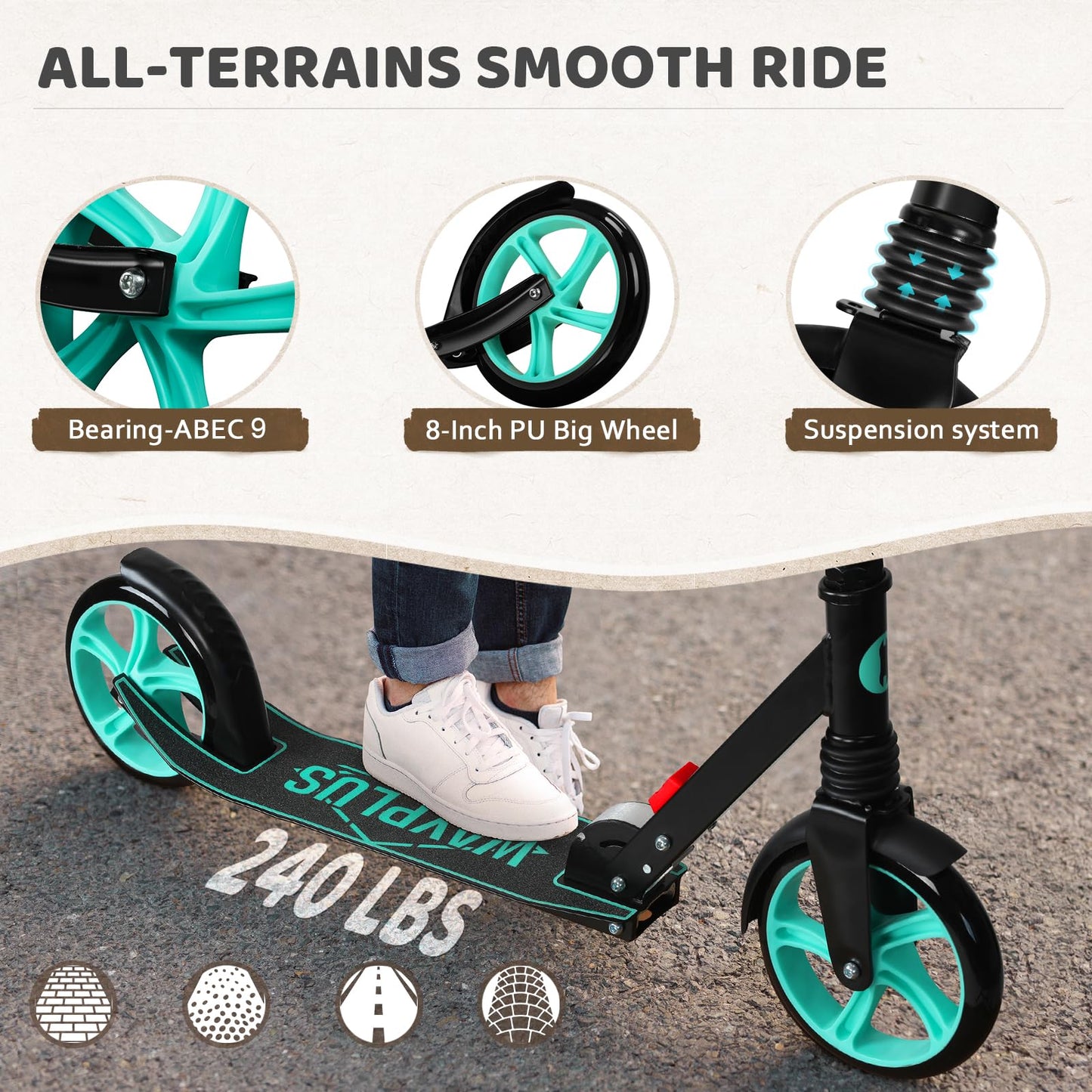 Kick Scooter for Ages 6+,Kid, Teens &amp; Adults. Max Load 240 LBS. Foldable, Lightweight, 8IN Big Wheels for Kids, Teen and Adults, 4 Adjustable Levels. Bearing ABEC9