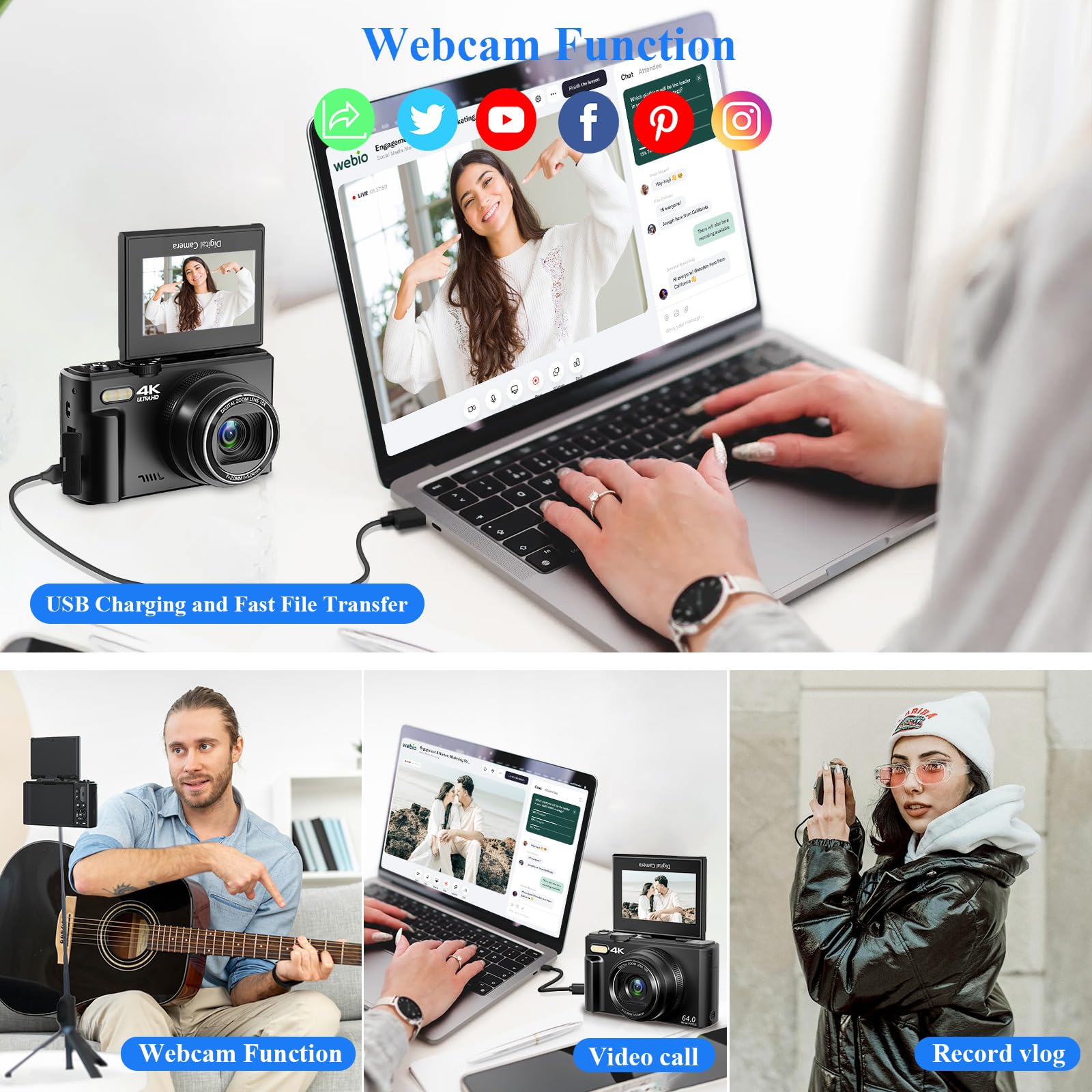 Digital Camera for Photography, WiFi 64MP 4K Vlogging Camera for YouTube, 3" 180° Flip Screen 18X Digital Zoom Compact Vlog Travel Camera with 32GB TF Card &amp; 2 Batteries, Black