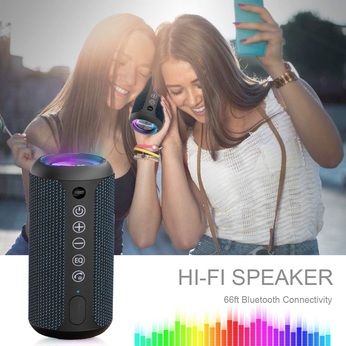 Ortizan Portable Bluetooth Speaker: IPX7 Waterproof, 24W Loud Sound, Deep Bass, Bluetooth 5.3, LED Lights, Wireless Stereo Pairing, 30H Playtime, for Home/Outdoor/Party/Beach, Birthday Gift (Black)