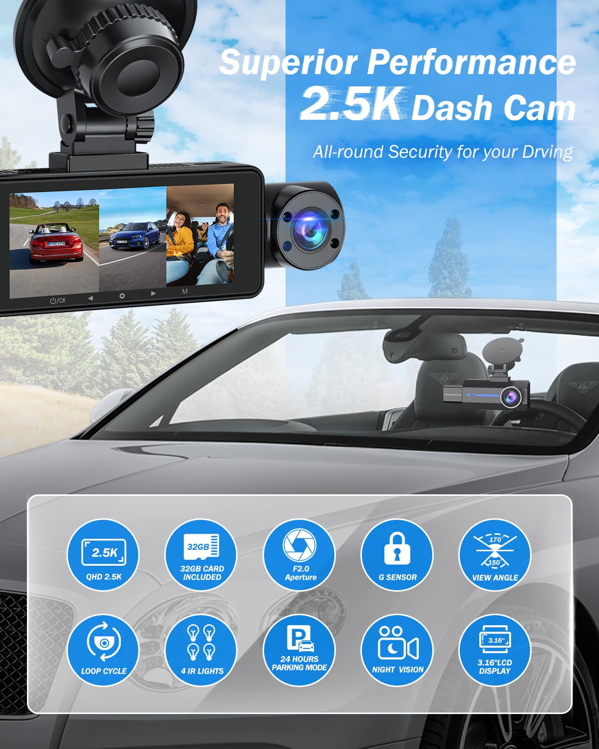 Dash Cam Front and Rear, 2.5K+1440P Triple Car Camera with 32GB Card, 3 Channel Dash Camera for Cars, G-Sensor, 3.16” IPS Screen, 24Hr Parking, 170°Wide Angle, Loop Recording, IR Night Vision, Blue