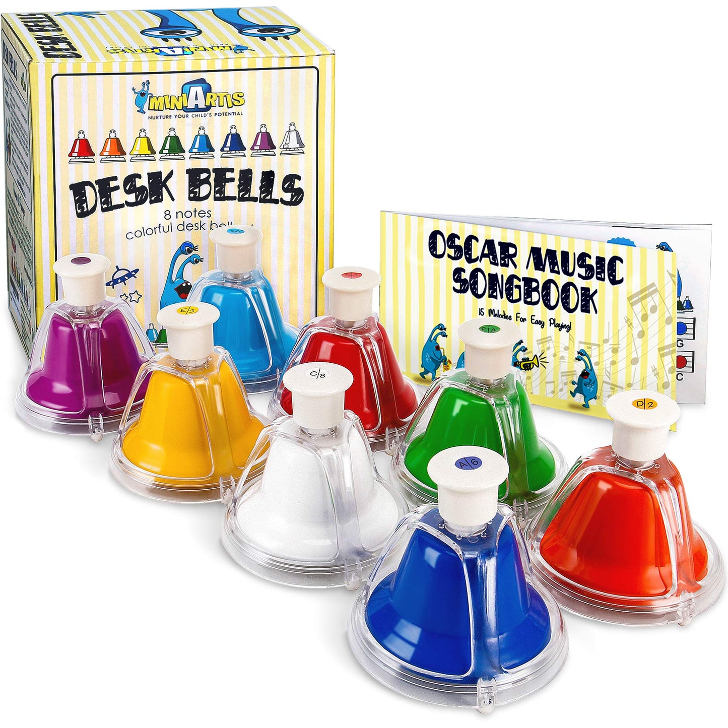 MINIARTIS Desk Bells for Kids | Educational Music Toys for Toddlers 8 Notes Colorful Hand Bells Set | Kids Musical Instrument with 15 Songbook | Great Birthday Gift for Children