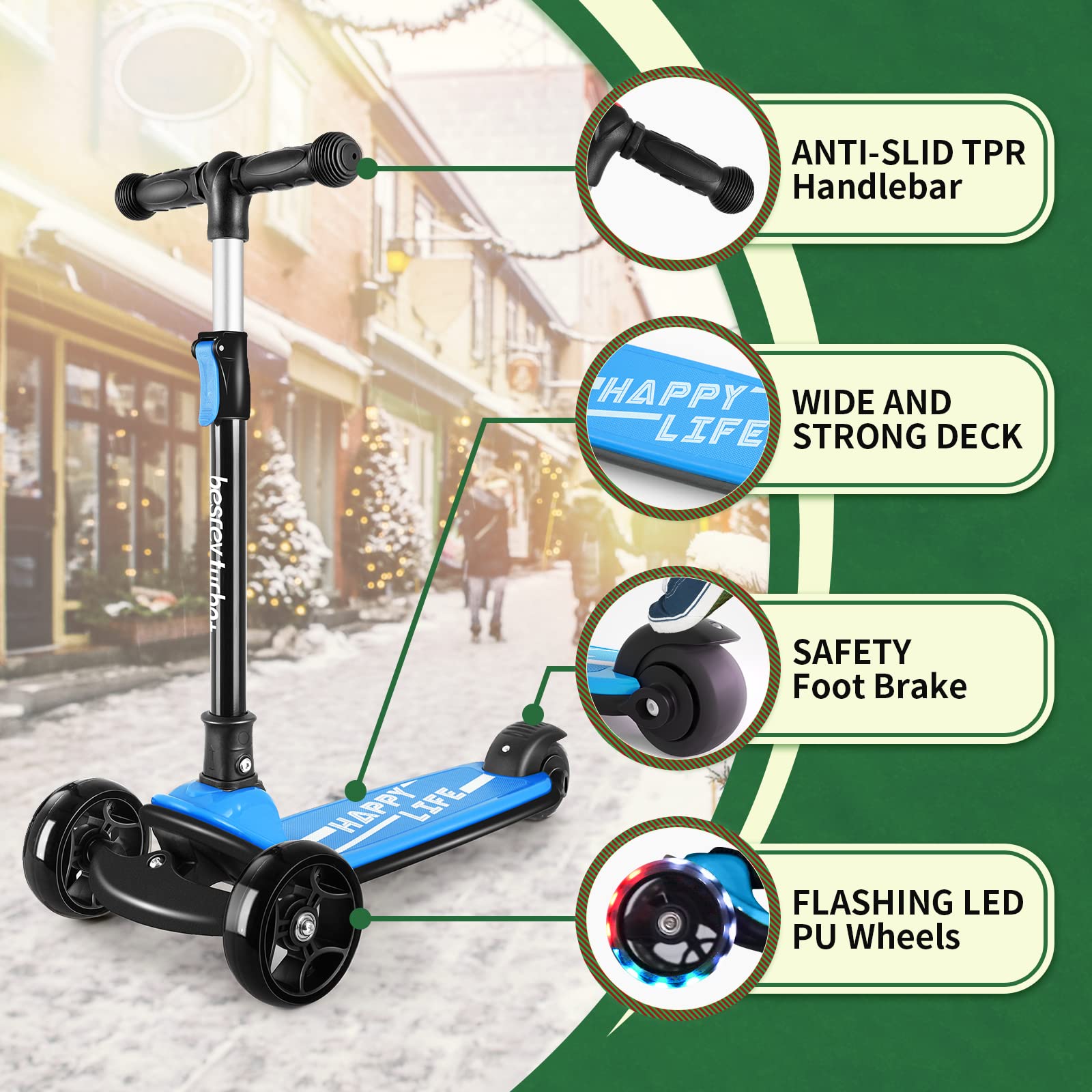 besrey Kick Scooter for Kids Ages 3-10, 3 Wheel Scooter for Kids with Adjustable Height, Folding Kids Scooter with LED Light Wheels Rear Brak Extra Wide Deck Outdoor Activities for Boys/Girls