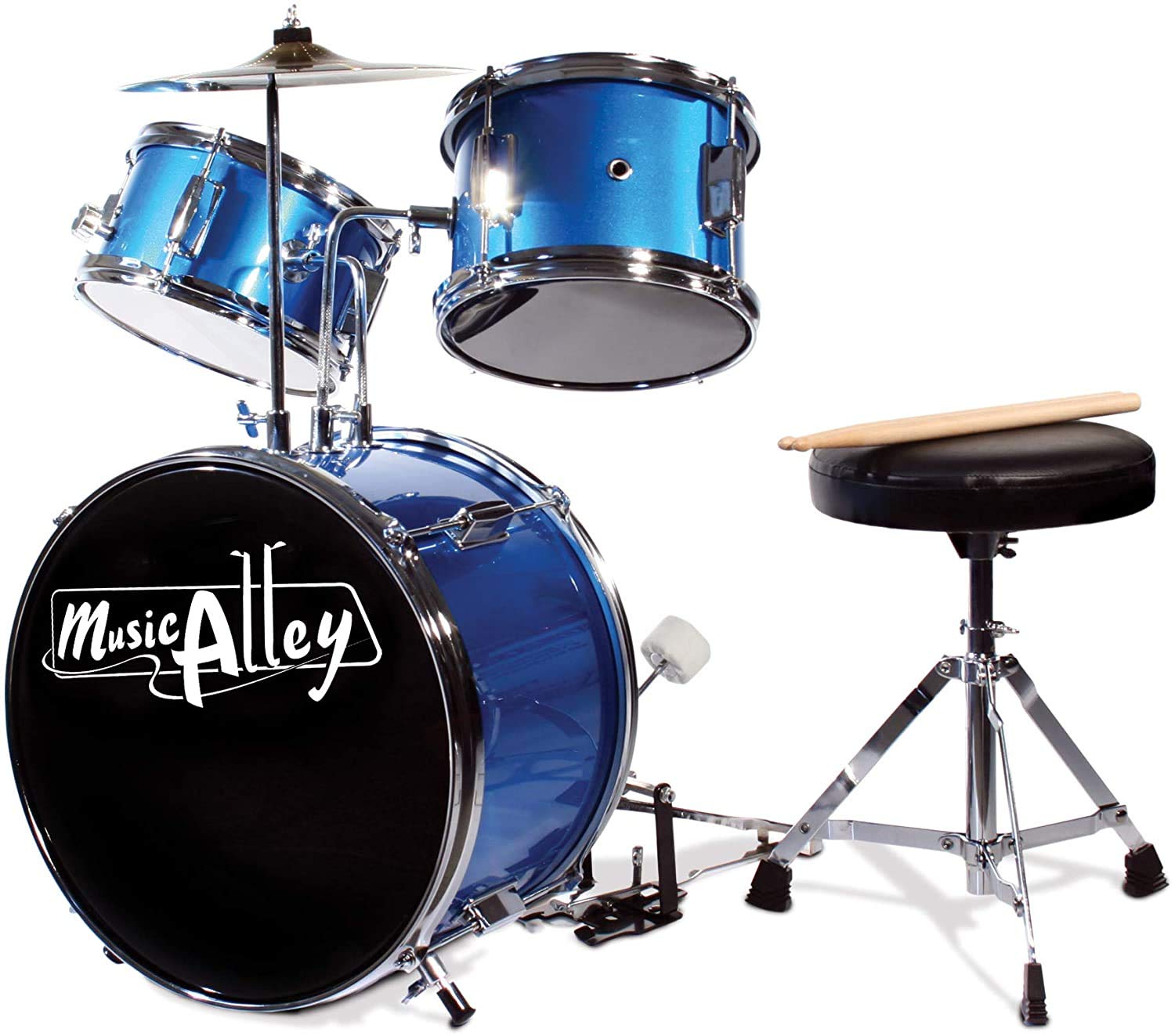 Music Alley 3 Piece Kids Drum Set with Throne, Cymbal, Pedal &amp; Drumsticks, Blue, (DBJK02)