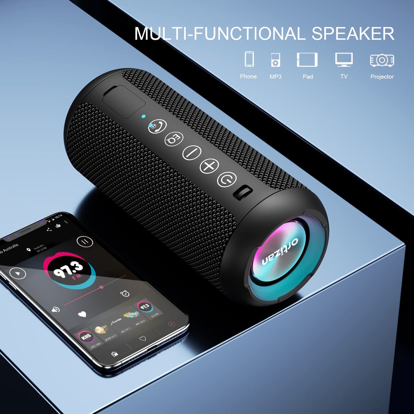 Ortizan Portable Bluetooth Speaker: IPX7 Waterproof, 24W Loud Sound, Deep Bass, Bluetooth 5.3, LED Lights, Wireless Stereo Pairing, 30H Playtime, for Home/Outdoor/Party/Beach, Birthday Gift (Black)