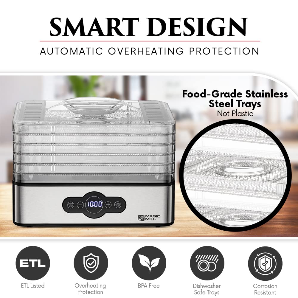 Magic Mill Food Dehydrator Machine | 5 Stackable Stainless Steel Trays Jerky Dryer with Digital Adjustable Timer &amp; Temperature Control - Electric Food Preserver for Fruits, Veggies, Meats &amp; Dog Treats