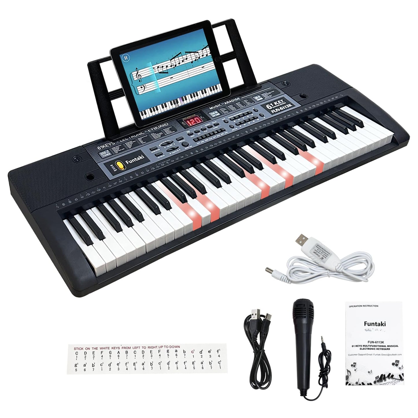 Portable 61-Keys Digital Piano, Electronic Keyboard Piano with Lighted Keys &amp; Music Stand, Mini Keyboard Piano for Beginners Kids Adults, Digital Keyboards, Black [NO Adapter]