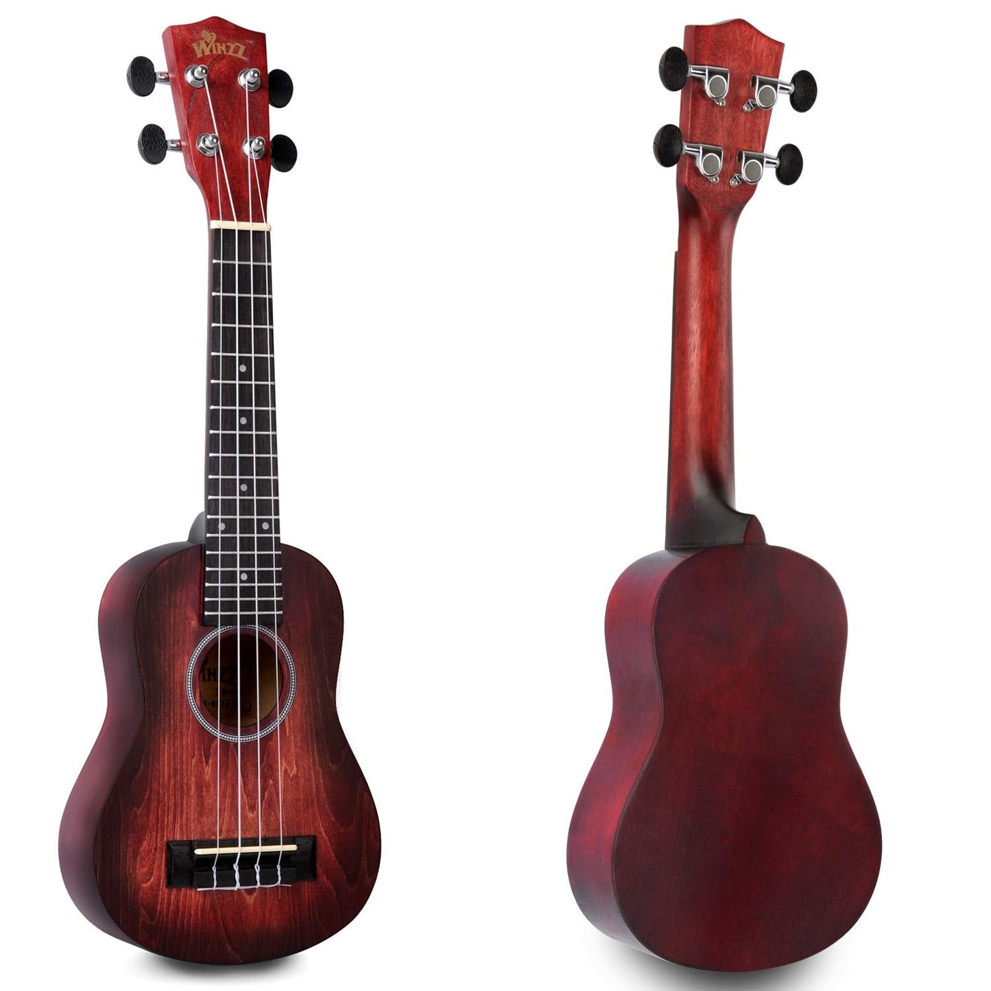 WINZZ HAND RUBBED Series - 21 Inches Soprano Ukulele Vintage Hawaiian Uke with Online Lessons, Bag, Tuner, Strap, Extra Strings, Fingerboard Sticker, Black