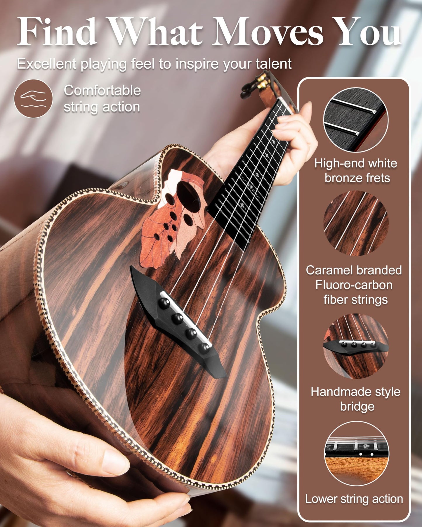 Caramel CAG94 Glossy Black Ebony 23" Concert Ukulele for Beginner | Handmade Ukelele Starter Kit