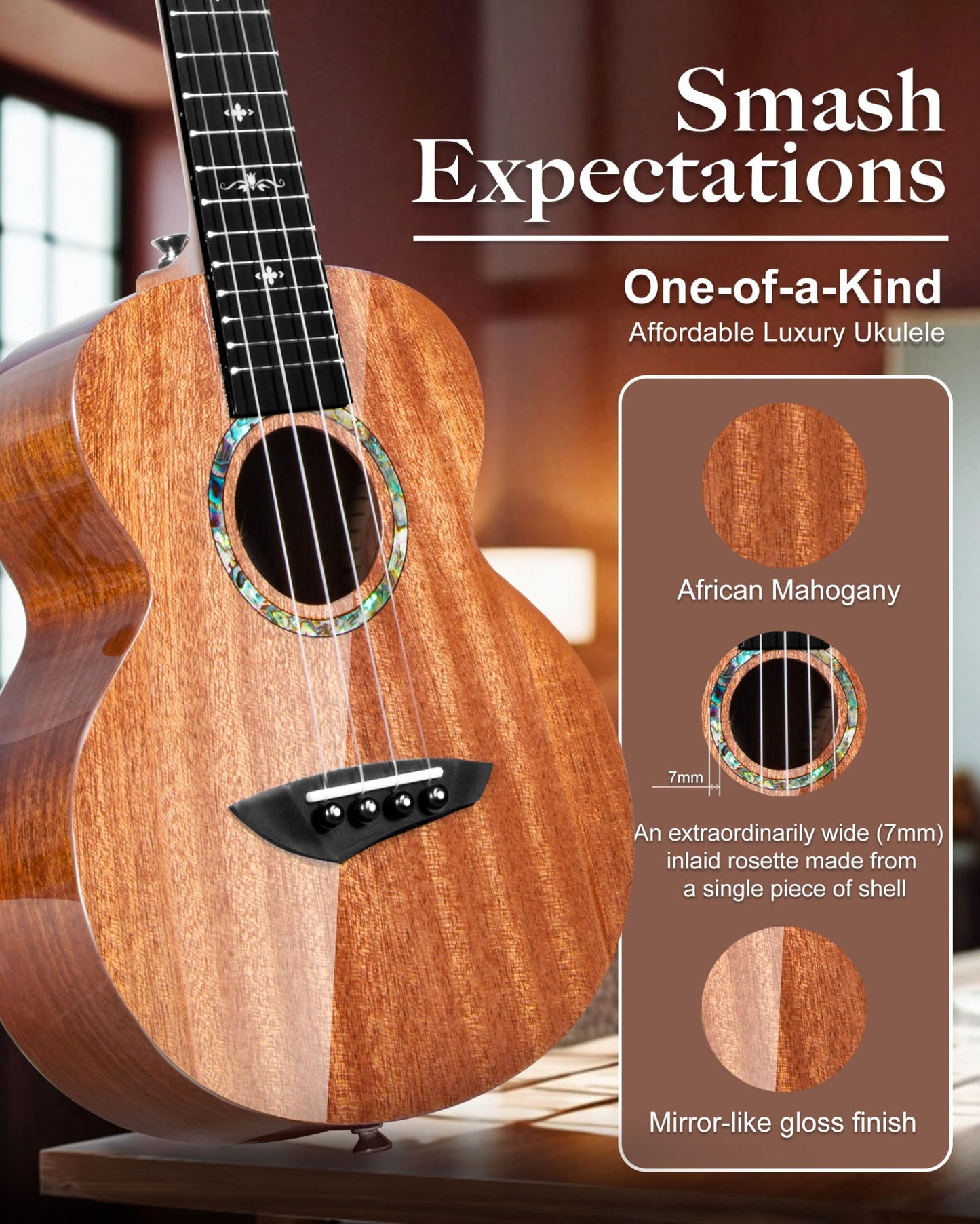 Caramel CAG94 Glossy Black Ebony 23" Concert Ukulele for Beginner | Handmade Ukelele Starter Kit