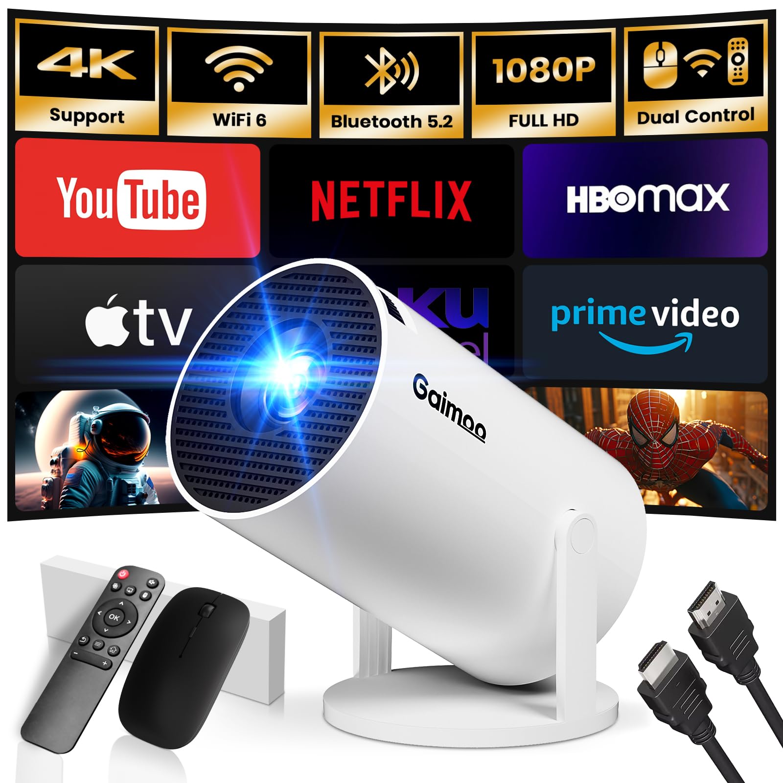 [Built-in App] Mini Projector 1080P FHD 4K Support Projector with Mouse Portable Projector with WiFi and Bluetooth 180° Adjustable Auto Keystone HDMI/TV Stick/PS5/Laptop, with HDMI Cable &amp; Mouse