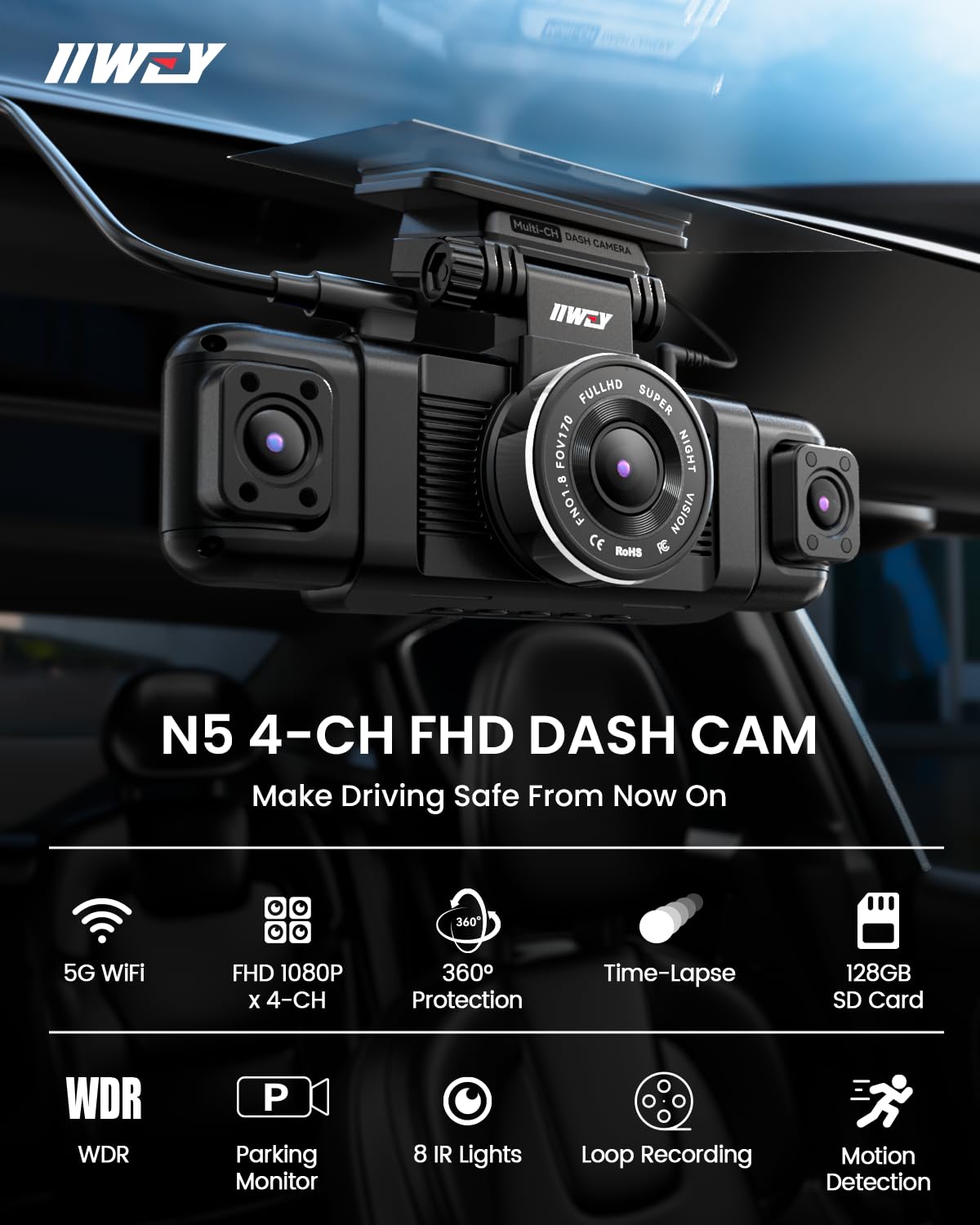 IIWEY N5 4 Channel Dash Cam 360° View, 1080P Front and Rear Inside, Left Right Dash Camera for Cars, 8 IR Lamps Night Vision, 5G WiFi &amp; APP Control, G-Sensor, Parking Mode, with a Free 128GB SD Card