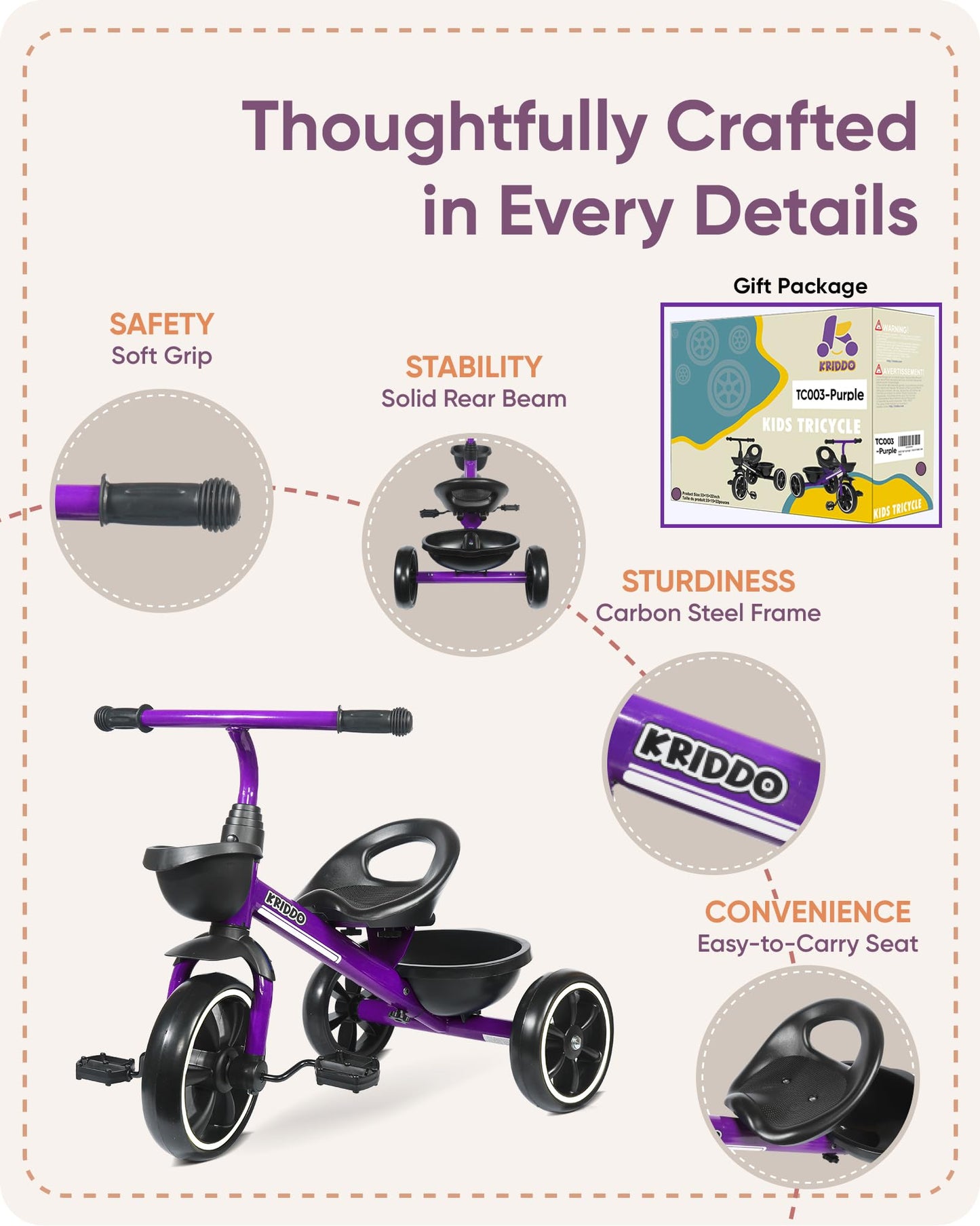 KRIDDO Kids Tricycle for 2-5 Year Olds - Gift for Toddlers - Black