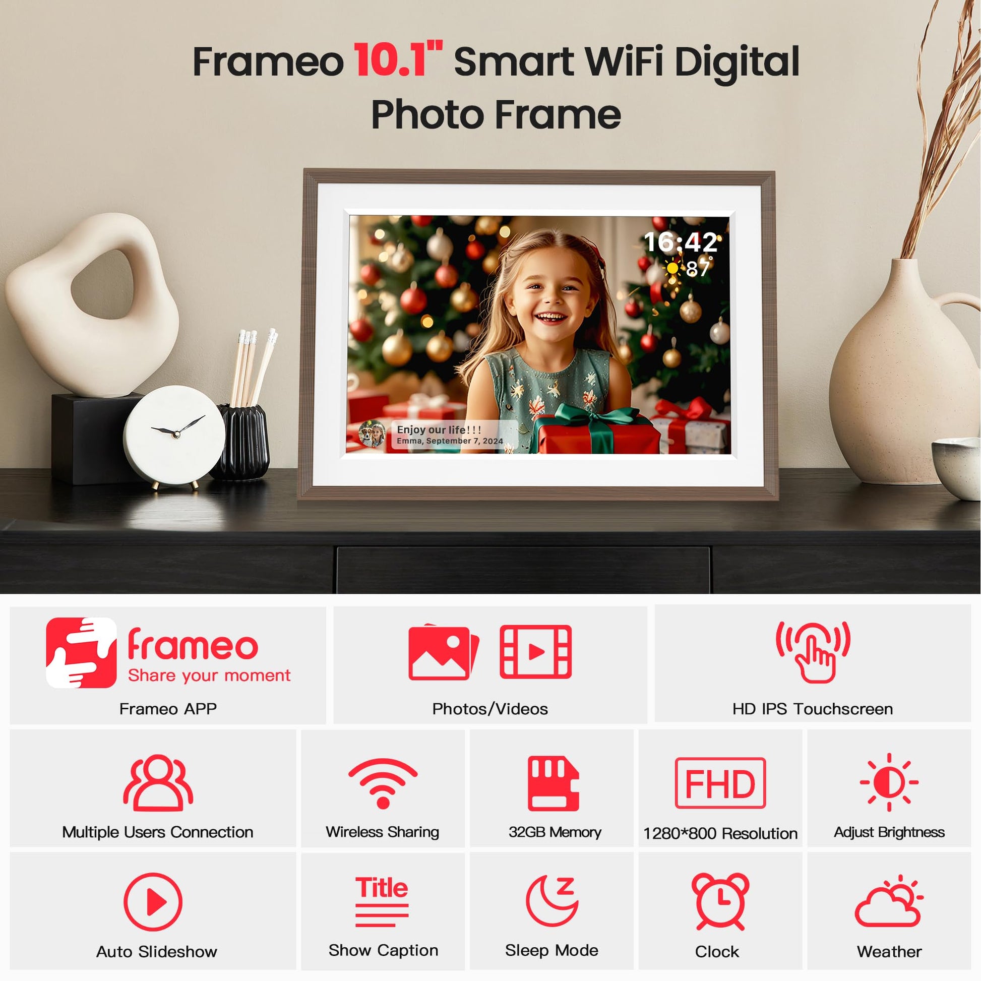 Frameo 10.1 Inch WiFi Digital Picture Frame, Smart Cloud Electronic Photo Frame with HD IPS Touch Screen Slideshow 32GB Memory Auto-Rotate Wall Mount, Share Photos/Videos from Phone by Frameo App