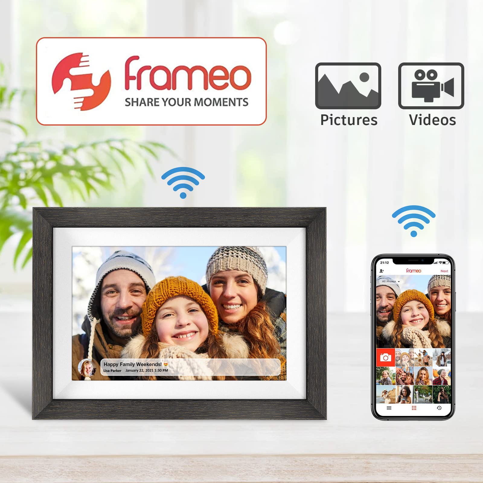 Frameo 10.1 inch Digital Picture Frame WiFi Smart Digital Photo Frame Wood IPS HD 1280 * 800 1080P Touch Screen Auto-Rotate Easy Setup to use Free Share Photos and Videos Gift for mon Father Women