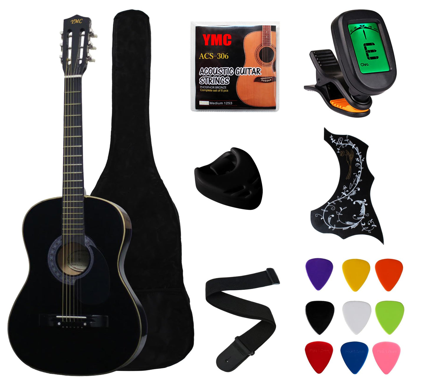 YMC 38" Black Beginner Acoustic Guitar Starter Package Student Guitar with Gig Bag,Strap, 3 thickness 9 picks,2 Pickguards,Pick Holder, Extra Strings, Electronic Tuner -Black