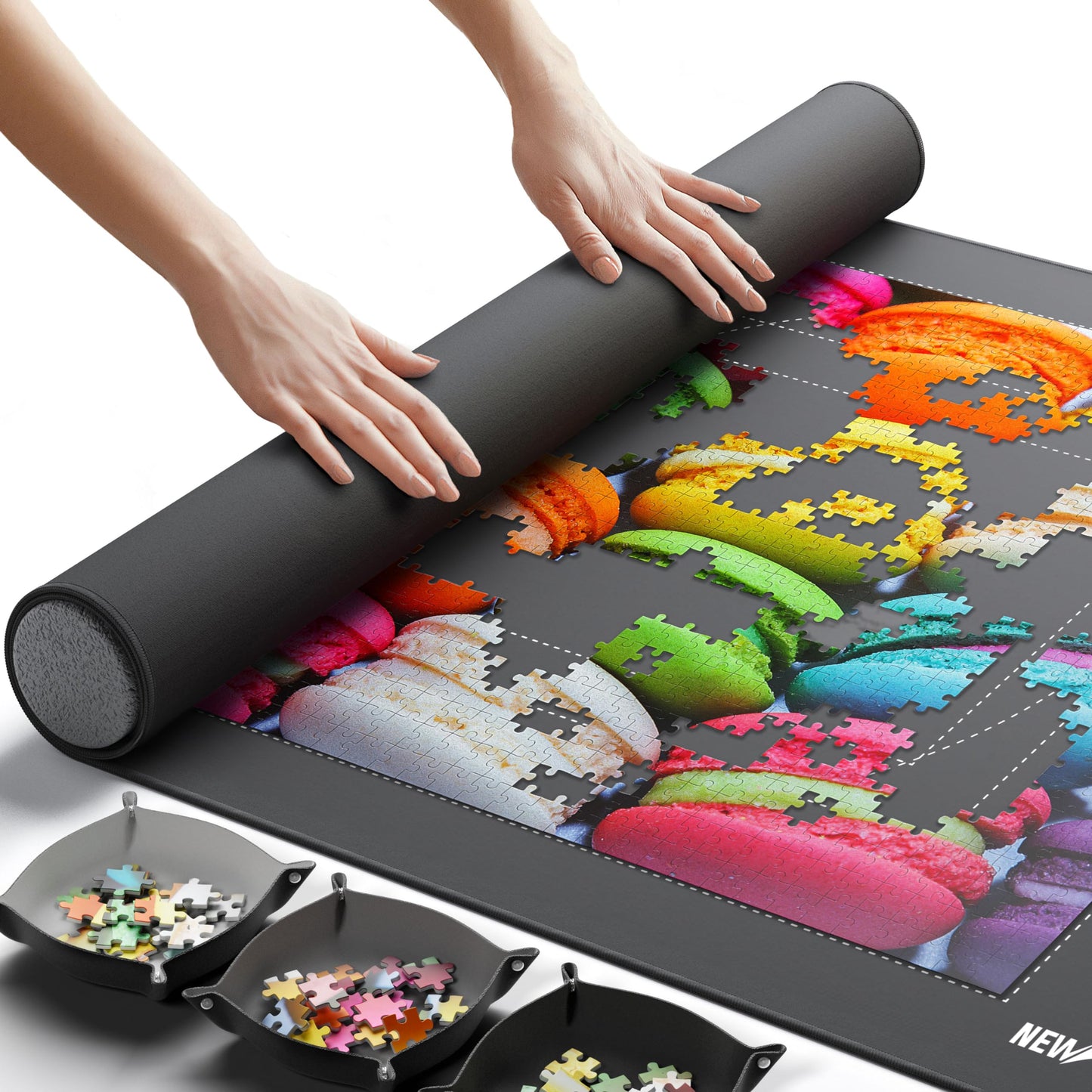 Newverest Jigsaw Puzzle Mat Roll Up, Saver Pad 39.4” x 23.6” Portable Keeper Up to 1000 Pieces with Non-Slip Rubber Bottom and Polyester Top + 3 Puzzle Sorting Trays, Travel-Friendly Storage Bag