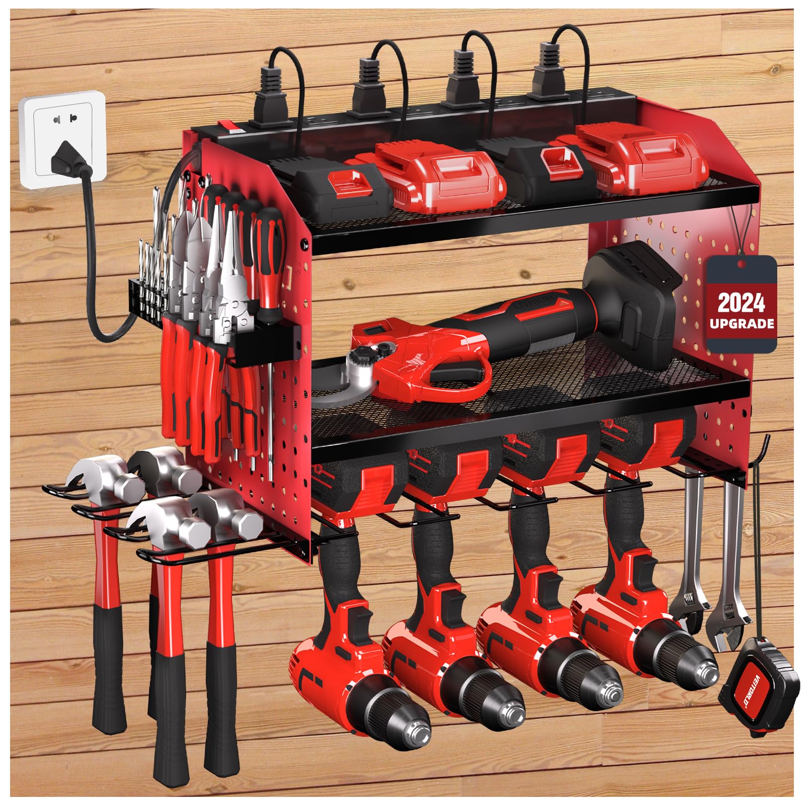 Veitorld Power Tool Organizer with Charging Station, Garage Tool Storage Organizer Built in 8 Outlet Power Strip with Drawers, 6 Drill Holder Wall Mount, Gifts for Men Dad Husband Him Fathers Day