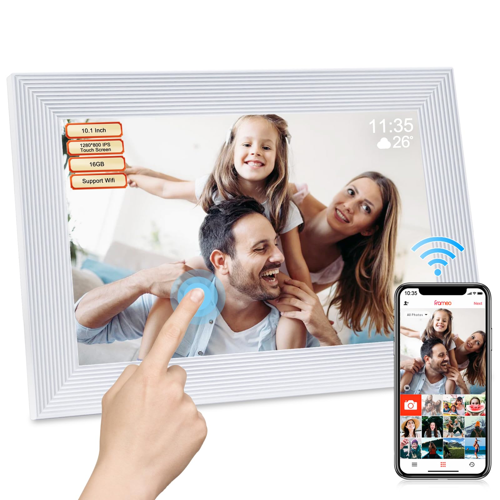 Frameo Digital Picture Frame WiFi -10.1 Inch Digital Photo Frame with 32GB Storage SD Card Slot Desktop,IPS Touch Screen, Auto-Rotate Slideshow Share Videos Photos Remotely Via App-White