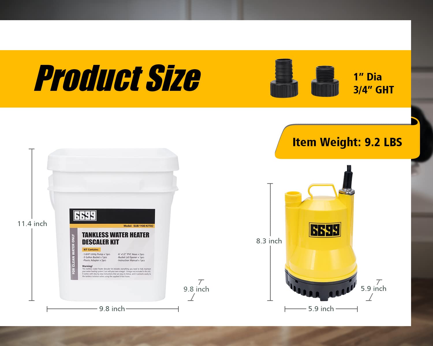 Tankless Water Heater Flushing Kit Includes 1/6HP Submersible Sump Pump with Two Adapters &amp; 3 Gallons Pail with Bucket Lid Opener &amp; Two 1/2” Dia X 6’ PVC Hoses with Washers