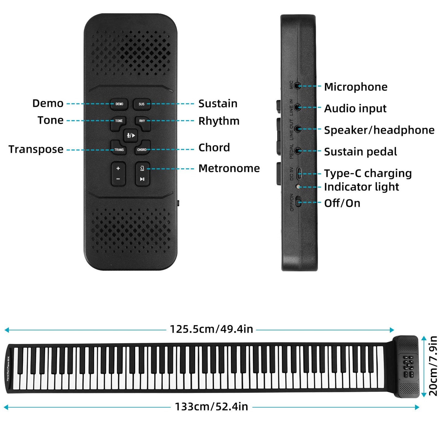 61 Keys Roll Up Piano keyboard piano Upgraded Portable Rechargeable Electronic Hand Roll Piano With Environmental Silicone Piano Keyboard for Beginners (Black)