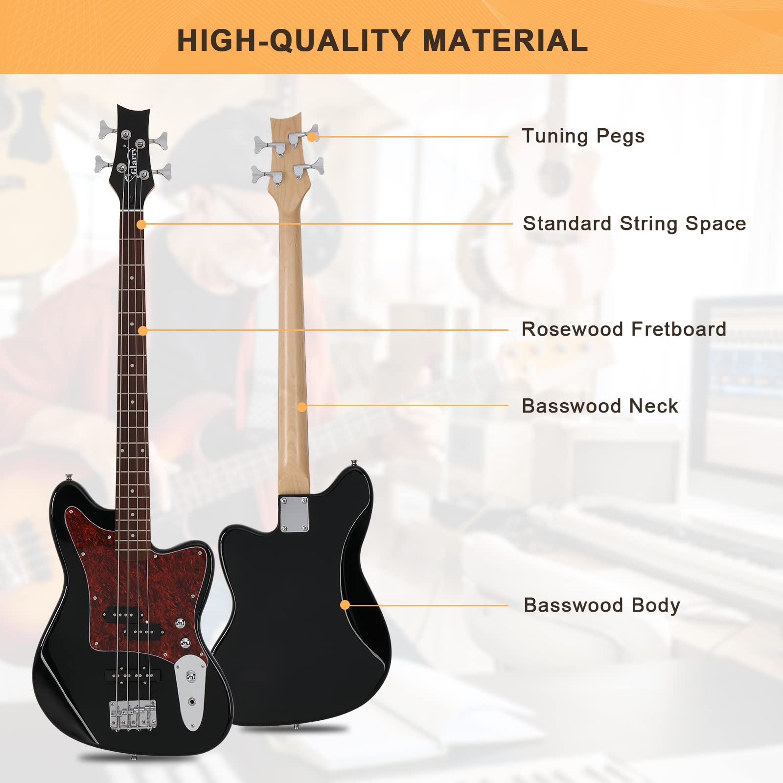 GLARRY 4 String Electric Bass Guitar Beginner Kit w/20w Amp, Red Pearl Guard Full Size Bass with Digital Tuner,Amp Cable, Strap, Bag and Accessories(Black)