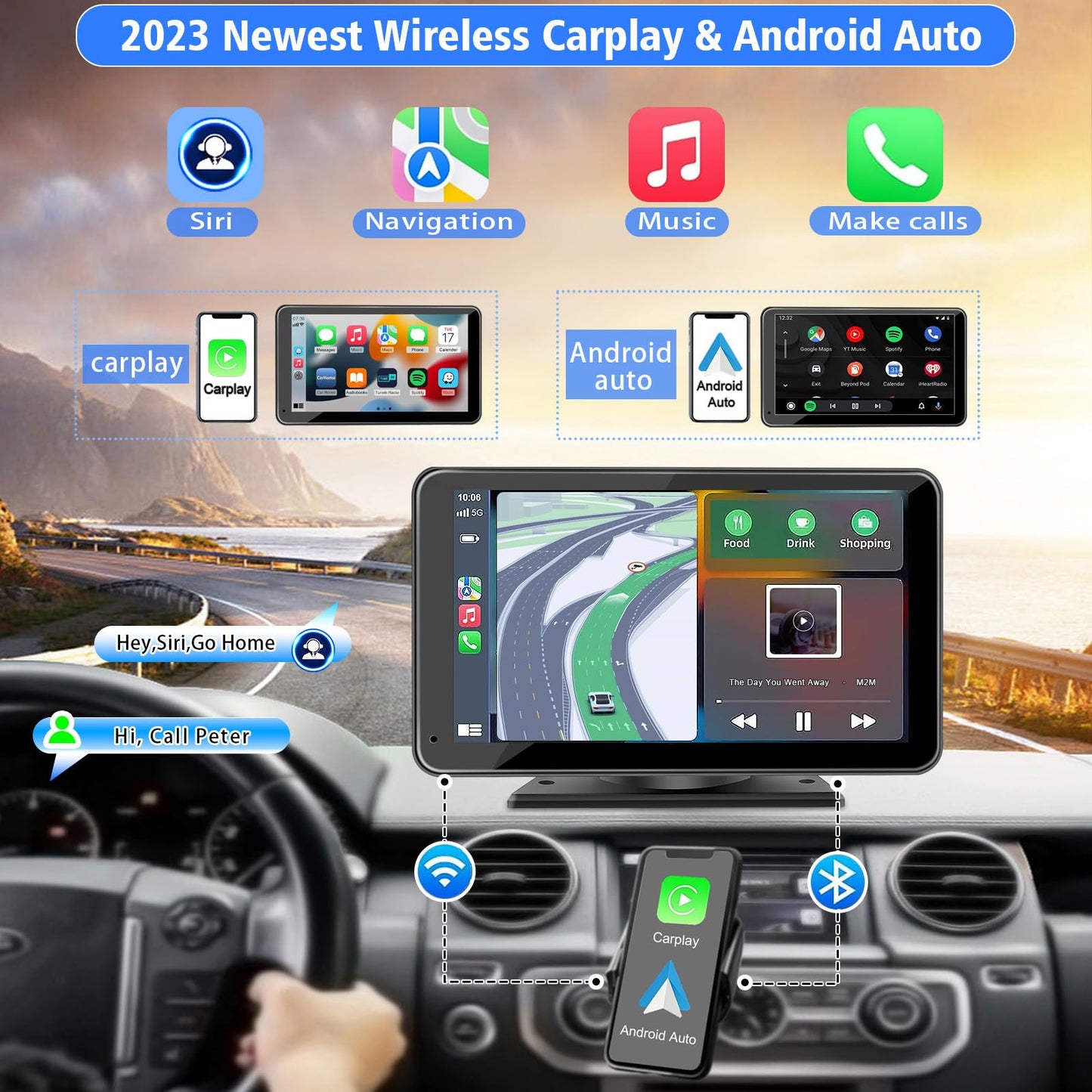 Portable Newest Wireless Apple CarPlay and Android Auto Screen for Car, 7" HD Touch Screen Car Stereo with Mirror Link, Bluetooth 5.2, Backup Camera, AUX,FM Transmitter for All Vehicle