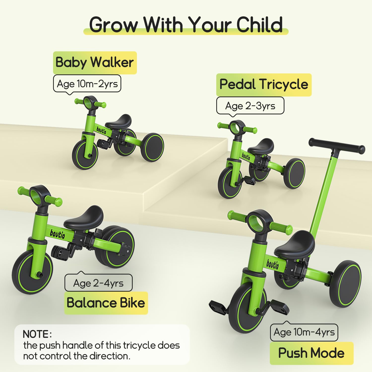 Tricycle for Toddlers 1-3 with Push Handle, 5 in 1 Baby Balance Bike for 1-4 Years Old Kids Toy, Boys Girls Bicycle Gift with Removable Pedals, Black (No Parent Steering Version)