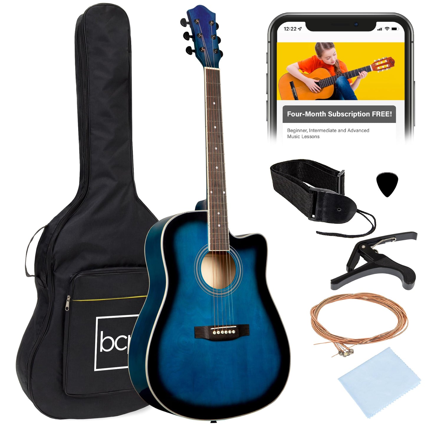 Best Choice Products 41in Beginner Acoustic Guitar Full Size All Wood Cutaway Guitar Starter Set w/Case, Strap, Capo, Strings, Picks - Aged Natural