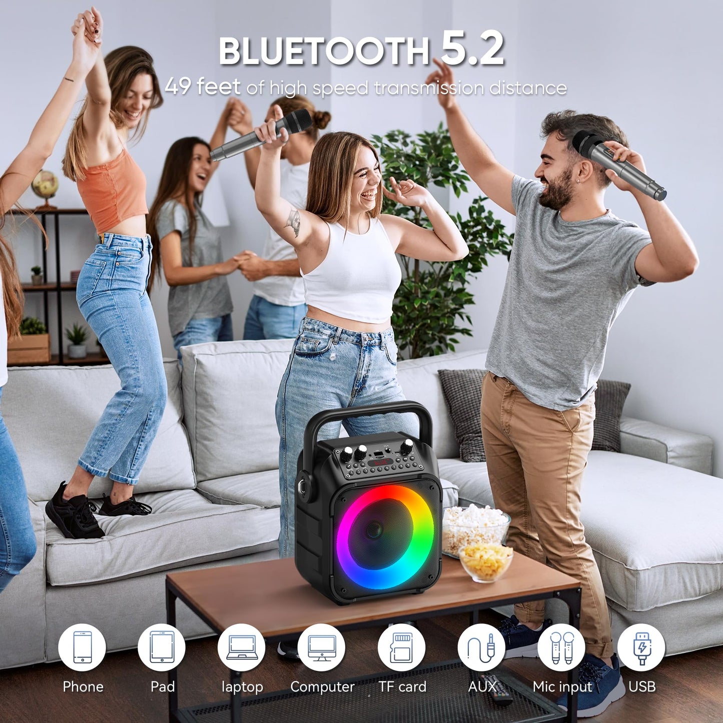 Karaoke Machine, Portable Bluetooth Speaker with 2 Wireless Microphones for Adults &amp; Kids with Lights, Karaoke Microphone with PA System Supports USB/TF/REC/FM/AUX for Home Party