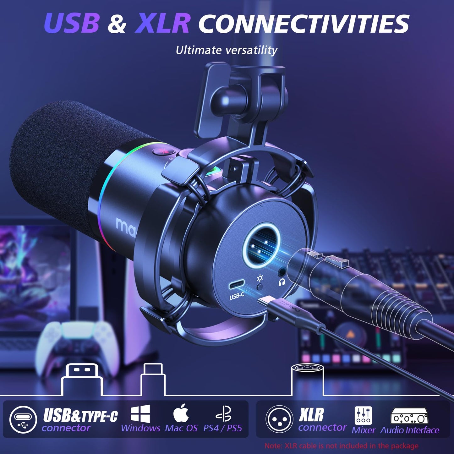 MAONO XLR/USB Dynamic Microphone Kit, RGB Podcast Mic with Software, Mute, Gain Knob, Volume Control, Boom Arm for Streaming, Gaming, Voice-Over, Recording-PD200XS Black