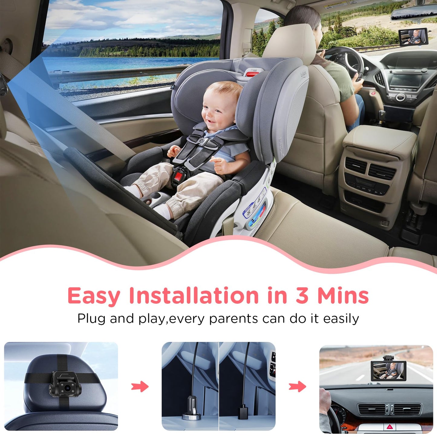 Baby Car Camera, 7'' 2K Mirror Monitor with Night Vision, Video Recording, and 3X Zoom for Clear Wide View of Rear-Facing Seat