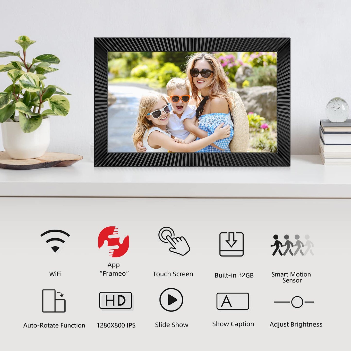 FRAMEO Digital Photo Frame WiFi 32GB 10.1 Inch 1280x800 IPS Touch Screen Digital Picture Frame Easy Setup Share Photo or Video via Frameo APP