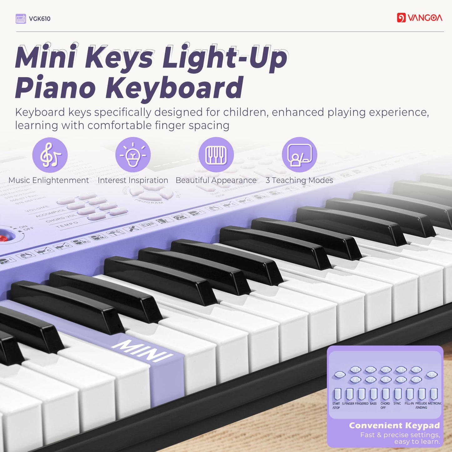 Vangoa 61-Key Light-Up Keyboard Piano for Beginners, 350 Tones &amp; Timbres, 3 Teaching Modes, With Microphone, Black