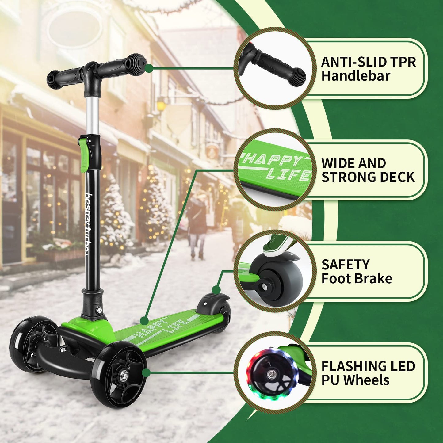 besrey Kick Scooter for Kids Ages 3-10, 3 Wheel Scooter for Kids with Adjustable Height, Folding Kids Scooter with LED Light Wheels Rear Brak Extra Wide Deck Outdoor Activities for Boys/Girls