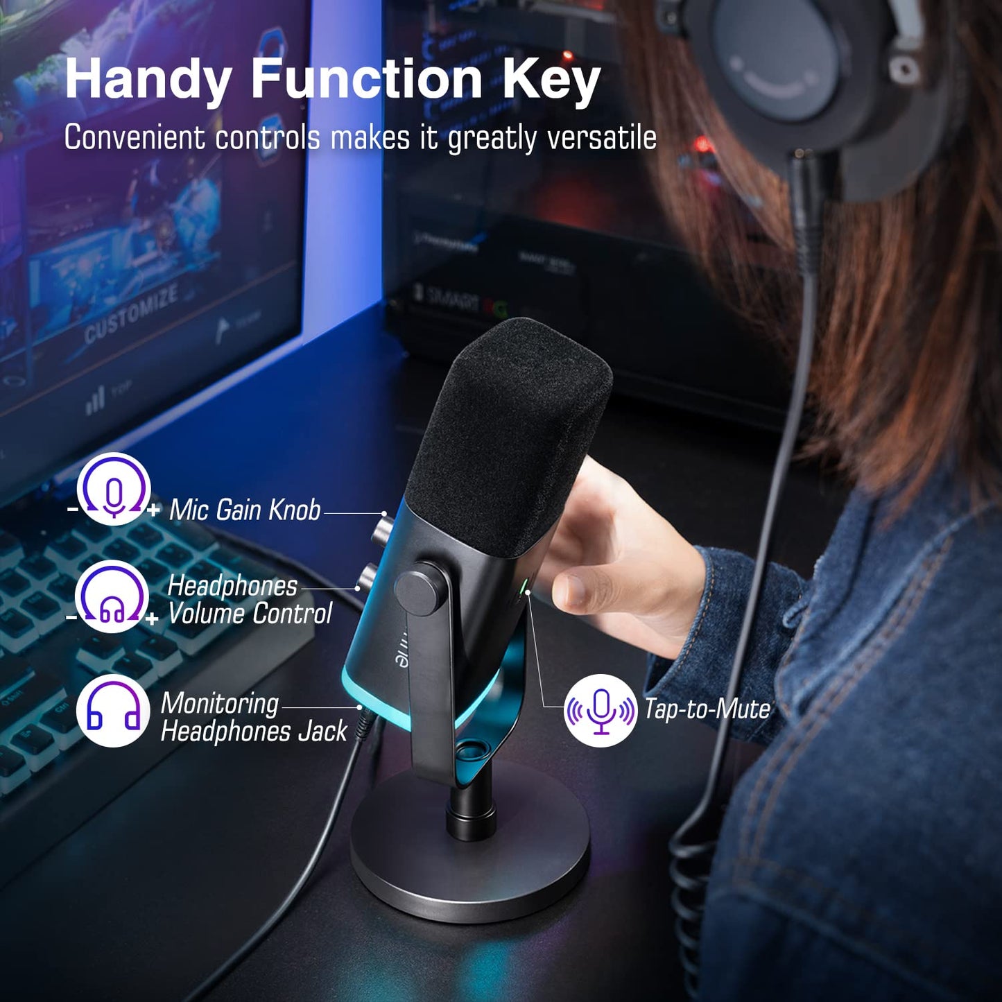 FIFINE USB/XLR Dynamic Microphone for Podcast Recording, PC Computer Gaming Streaming Mic with RGB Light, Mute Button, Headphones Jack, Desktop Stand, Vocal Mic for Singing YouTube-AmpliGame AM8