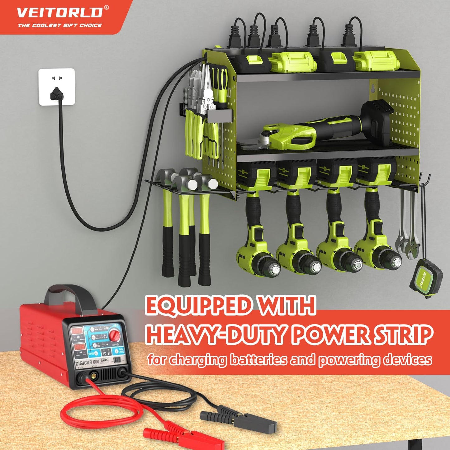 Veitorld Power Tool Organizer with Charging Station, Garage Tool Storage Organizer Built in 8 Outlet Power Strip with Drawers, 6 Drill Holder Wall Mount, Gifts for Men Dad Husband Him Fathers Day