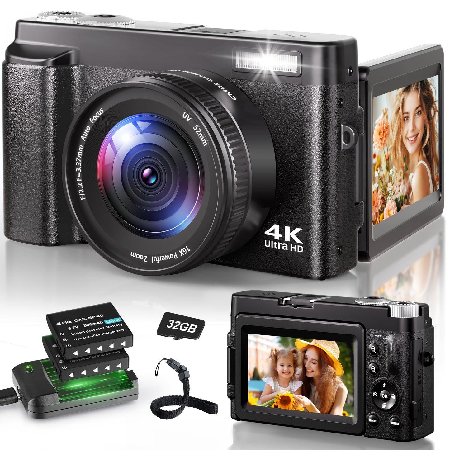 4K Digital Camera for Photography, 48MP Autofocus Vlogging Camera for YouTube with 3'' 180°Flip Screen, 16X Digital Zoom Anti-Shake Compact Travel Camera with SD Card, 2 Batteries &amp; Charging Stand